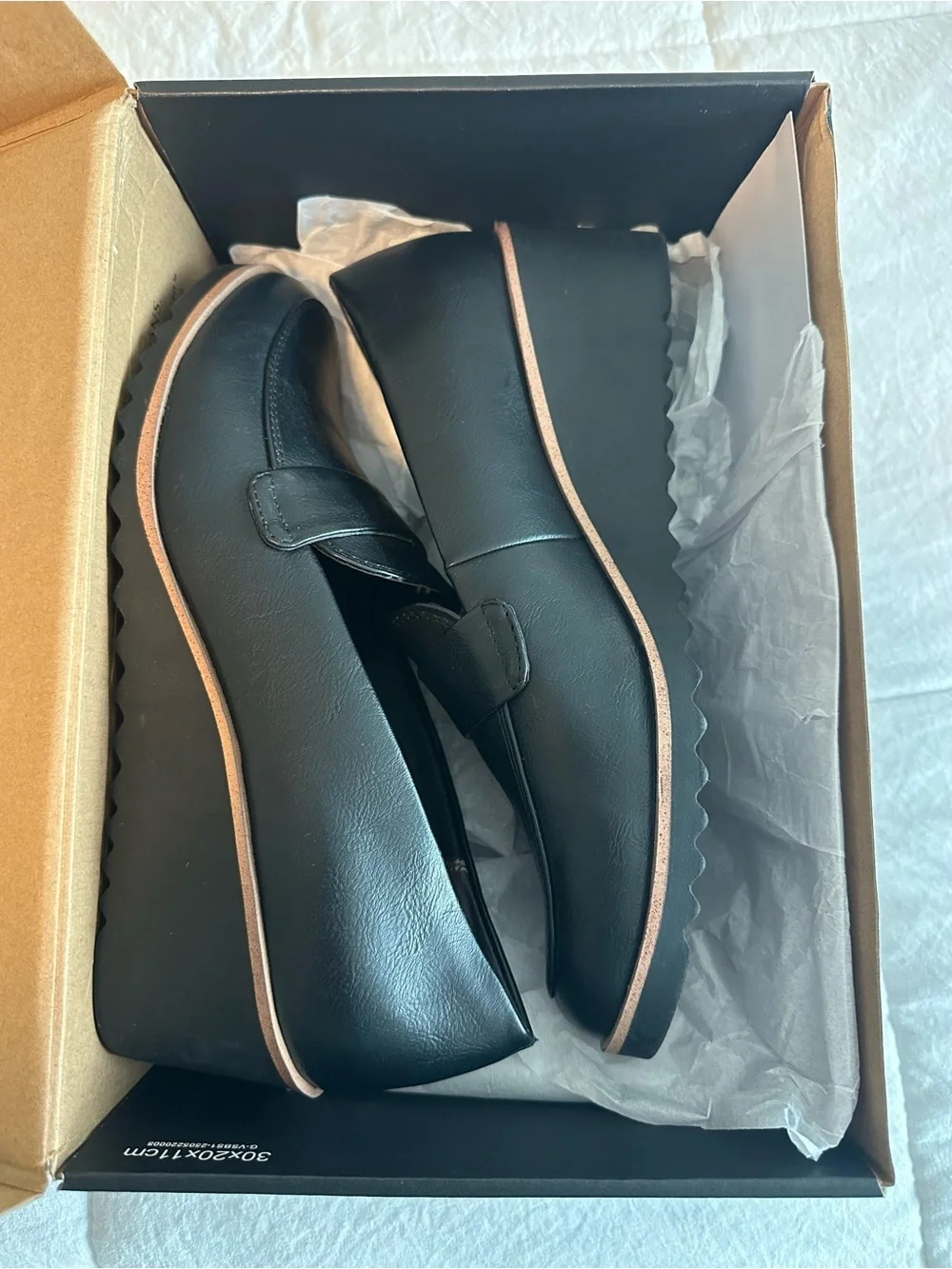 Naturalizer Black Wedge Penny Loafers with Tan Trim